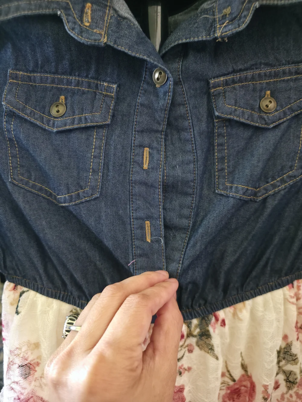 Girls Size 7/8 Denim Top Dress With Floral Lace Skirt Bottom
